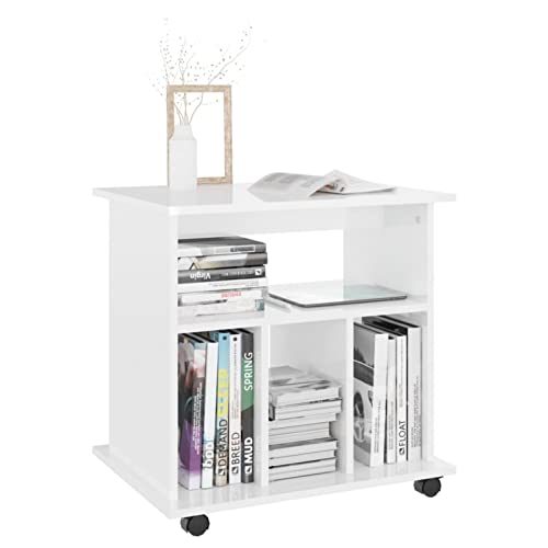 Festnjght Soporte para Impresora con Ruedas Móvil Armario de Oficina con Estantes Abiertos y Ruedas con Bloqueo 60 x 45 x 60 cm Blanco con Brillo