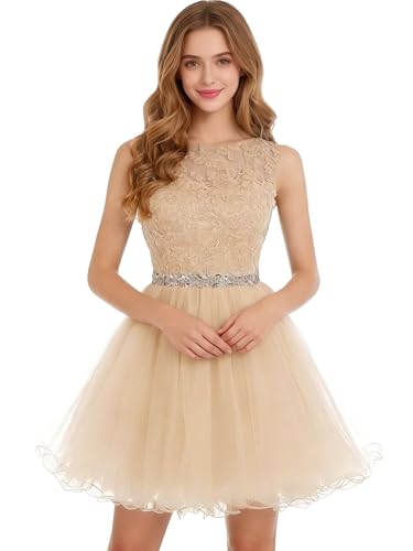 Image of Dydsz Women's Lace Applique Short Prom Dress A Line Tulle Homecoming Dresses Beaded Mini Graduation Party Dress