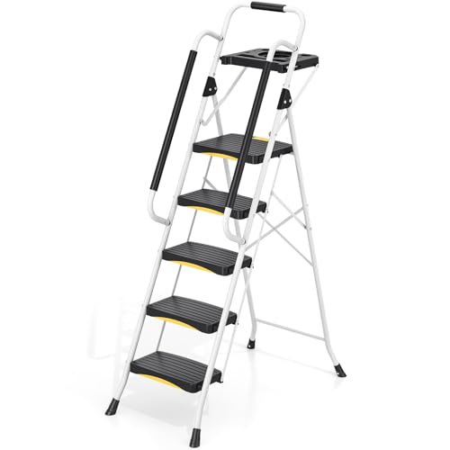 Urackify 5 Step Ladder with Tool Tray, Folding Steel Step Stool with Safety Lock, Anti-Slip Wide Pedals, Large Load Capacity, Handrail, Heavy Duty Ladder for Multi-Purpose, Indoor, Office