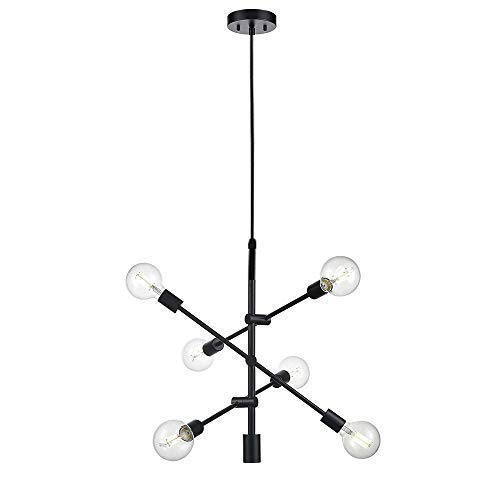 BOWRAIN 6 Lights Matte Black Chandelier Light Fixture Contemporary Sputnik Pendant Light Modern Flush Mount Hanging Lamp for Dining Kitchen Island Bedroom Lighting