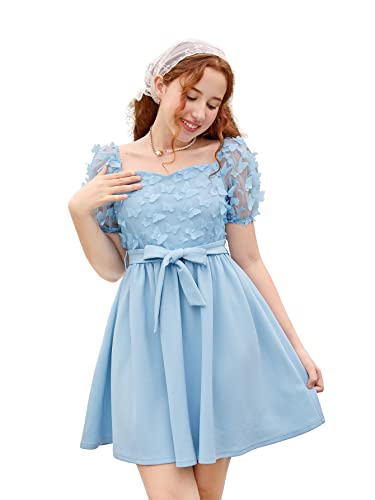 WDIRARA Girl's Butterfly Print Contrast Mesh Short Sleeve Square Neck Belted A Line Dress