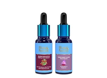 Blue Nectar Manjistha Vitamin C Face Serum for Anti Wrinkle & Skin Firming 1FlOz with along with Kumkumadi Face Oil, crafted with natural herbs for radiant skin 0.33 Fl Oz