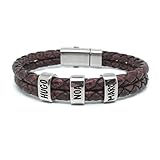 Pulsera con nombres personalizada, Zamak Baño Plata-Cuero. Regalo dia del padre (Trenzado Doble Marrón)