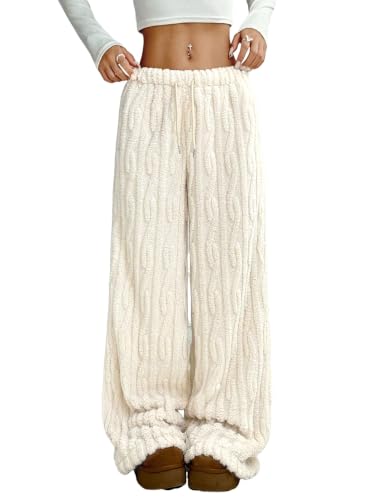 Image of ZAFUL Women's Fuzzy Plush Pajama Pants Wide Leg Pj Bottoms Lounge Pants | Soft Fluffy Sleep Pants Drawstring Elastic Waist Teddy Pjs for Women No Pockets