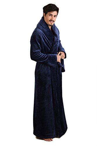 7 VEILS Mens Plush Fleece Ultra Long Floor Length Bathrobes Full Length Robes -Navy Blue-M