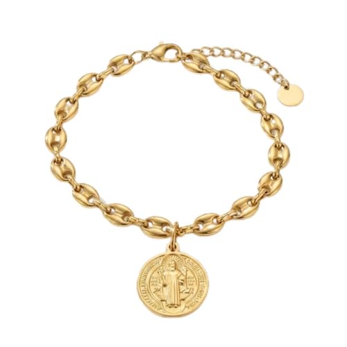 MAJALE Pulsera eslabones de calabrotes con Medalla de San Benito en Acero Inoxidable Dorado – Protección Espiritual – Cadena Calabrote Resistente al Agua – Medalla Religiosa Hombre y Mujer