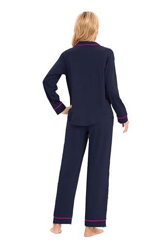 Image of LUBOT 100% Cotton Pajamas for Women PJ Set Soft Long Sleeve Button-Down Shirt Two-piece Set Warm Sleepwear Loungewear Night Suit (Dark Blue, XL)