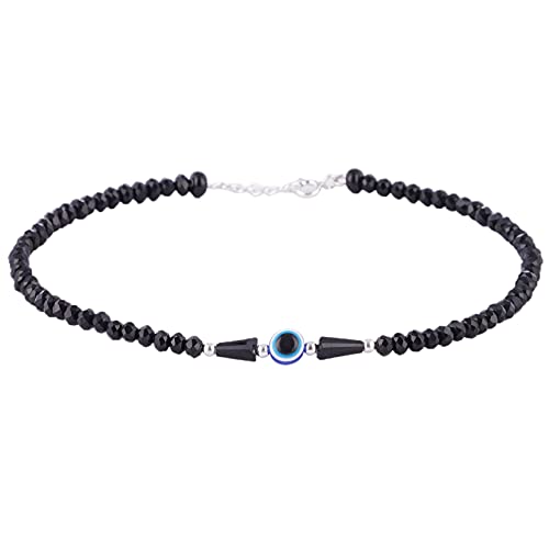 DHRUVS COLLECTION 925 Silver Adjustable Evil Eye Nazariya with Black Crystals Bead 92.5% Pure Silver Anklet for Girls & Women