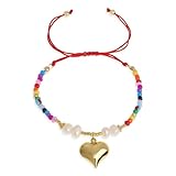 BXDA Valentines Day Bohemia Gold Seed Beads Pearl Heart Charm Bracelets for Women, Dainty Handmade Adjustable Boho Colorful Friendship Strand Bracelet Summer Beach Jewelry Gift