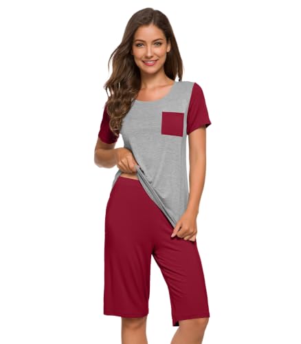 WiWi Pajamas Set for Women Short Sleeve Top with Shorts Pajama Sets Cooling Plus Size Pjs Super Soft Viscose Bamboo Loungewear S-4X, Wine, 4X