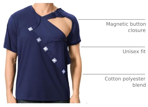 Image of Magnetic Buttons Post Shoulder Surgery Recovery Shirt for Men V-Neck Tear Away Adaptive Chemo Port Clothing for Women
