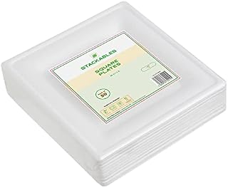 STACKABLES ~ 50 Pack 8" Square Disposable Super Rigid Paper Plates ~ 20.3cm Eco Friendly Sugarcane Bagasse White Party Plate Set (8" Plates)