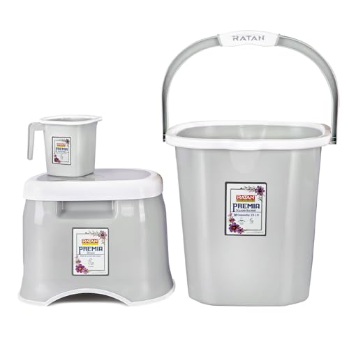 Image of RATAN PLASTICWARE Premia Bathroom Set (Bucket 25L X 1) + (Mug 1.5L X 1) + (Small Stool X 1) - Diaso Grey|Light Weight and Easy to Carry|Perfect for Use in Bathrooms, Kitchen & Wet Utility Areas