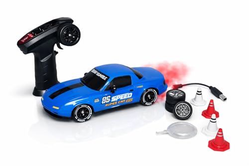Image of 1:24 RC Drift Car 4WD, 20km /h Remote Control Car with Smoke Effect, Pop-Up Headlights, LED Lights, Drift Tires, Rechargeable Toy Car for Kids & Adults (Blue)