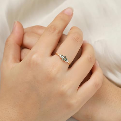 Raw Moss Agate Engagement Ring with CZ Accents, Hexagon & Baguette Cut Green Gemstones, Dainty Solitaire Ring, July Birthstone Promise Ring for Her3