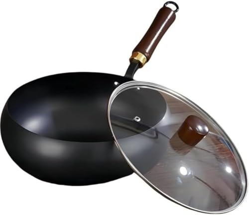 SLLS 高純度鉄製フライパン 中華鍋 手作り鍛造 大容量 無塗装 健康 安全 焦げにくい 油はね防止 炒め物 煮物用 蓋付き 家庭用 キッチン