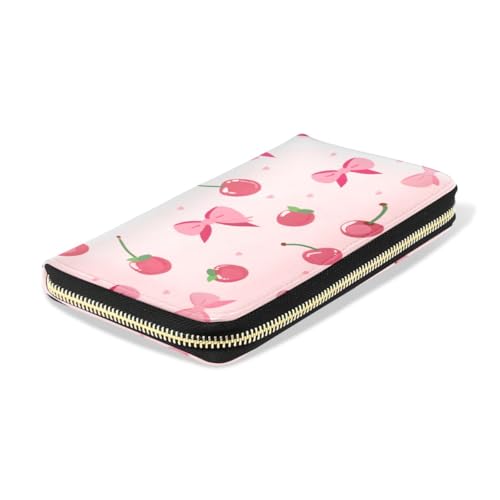 Long Wallets Leather Bifold Wallet for Women Pink Bows Cherries Pattern with Zipper Credit Card Holder Large Capacity4