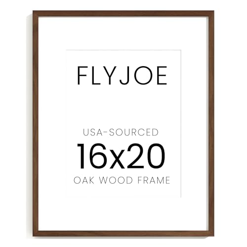 Image of FLYJOE 16x20 Oak Wood Picture Frame with Mat for 11x14, 16 by 20 USA-Sourced Natural Solid Wooden Poster Frame for Wall Display, Tempered Real Glass, Hanging Hardware Included, 1 Pack, Walnut Color
