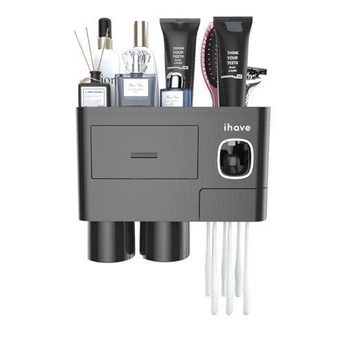 iHave Toothbrush Holders for Bathrooms, 2 Cups Toothbrush Holder Wall Mounted with Toothpaste Dispenser - Large Capacity Tray, Cosmetic Drawer - Tooth Brushing Holder & Bathroom Accessories