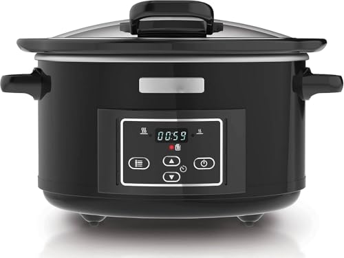 Pentola per Cottura Lenta, Slow Cooker, 4.7 litri, fino a 6 Persone, Coperchio con Cerniera, 2 Impostazioni Cottura, Spegnimento e Funzione Warm automatica, 220 W, Ceramica, Nero