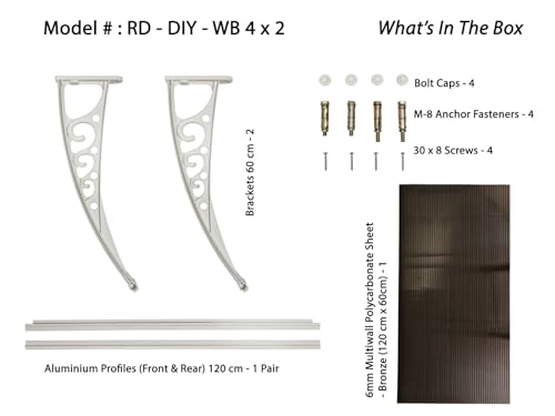 Image of CHENNAI Window Blinds and Shades DIY Polycarbonate Awning (Engineered Plastic Brackets) Window Sunshade Door Weather Shed Rain Canopy Awnings - 4'Widthx2'Depth (White Brackets & Bronze Sheets)