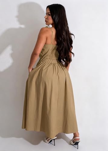 Image of YUEWOO Midi Dresses for Women Casual Summer Sundresses Vacation Outfits Spaghetti Strap Smocked Women Maxi Dress with Pockets