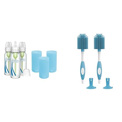 Dr. Brown's Anti-Colic Options+ Narrow Glass Baby Bottles 8oz and Level 1 Slow Flow Nipple, 3-Pack 0m+ and Blue Silicone Sleeves and Soft Touch No Scratch Bottle Cleaning Brush, Blue, 2 Pack