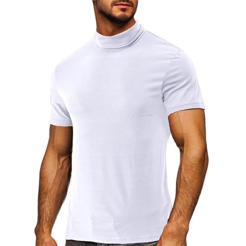 Kioxiuin Mens T Shirt Short Sleeve Basic Turtleneck Slim Fit Undershirt Pullover Solid Sport Shirts Tops,White,M