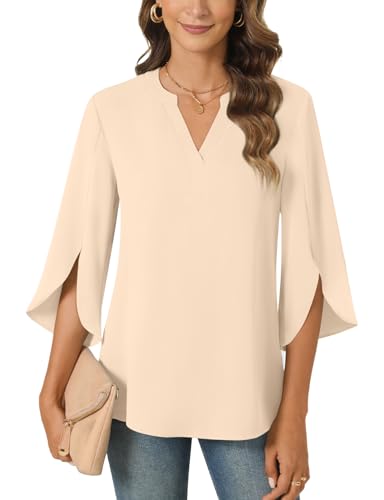 Anyally Women's Chiffon Blouses 3/4 Sleeve Summer Dressy Tunic Tops Casual Loose V Neck T-Shirts