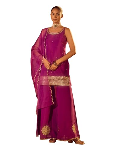 Image of FIORRA Women's Purple Viscose Chanderi Gotta Patti Work Ethnic Straight Kurta Set with Dupatta