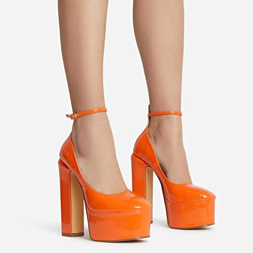 Keleimusi Patent Leather Platform Pumps Ankle Strap Round Toe High Block Heels Orange thumb #1