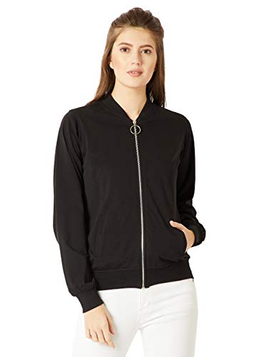 Image of Miss Chase Women's Cotton Standard Round Neck Full Sleeves Solid Ring Puller Detailing Zippered Bomber Jacket