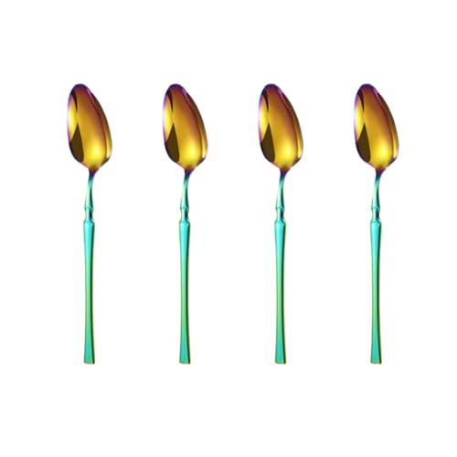 Image of Set of 4 Dessert Spoons | 4-Piece Korean Vintage Style Flatware Ice Cream Spoon Set | Dishwasher-Safe Stainless Steel Cutlery for Home, Restaurant & Gift Giving (Rainbow)