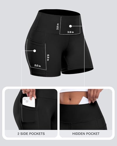 CHRLEISURE Womens Biker Yoga Shorts with Pocket, High Waisted Tummy Control 5 Inch Workout Spandex Athletic Gym Shorts2