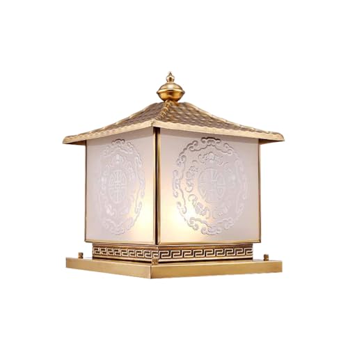HZWJIA All Brass Outdoor Pillar Lamp New Chinese Hardwired Hotel Villa Patio Pillar Head Lamp Outdoor Square IP65 Rated Waterproof Bollard Light with Glass Shade Suitable for Garden Fence Lawn Pillar