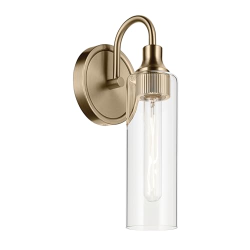 Image of Kichler Kavi 1-Light Bathroom Wall Light, Champagne Bronze | Damp-rated wall light with clear glass for baths and hallways (5 inch x 13 inch), 55209CPZ