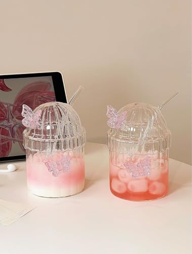 Image of Pink Butterfly Glass Cup with Lid and Straw,3D Butterfly Glass Tumbler Cute Aesthetic Cups Vintage French-Style Drinking Glasses for Hot and Cold Beverages Juice,Cocktail,Whiskey,Milk