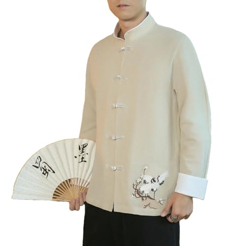 Chemise casual homme style chinois manches longues coton lin brodé automne