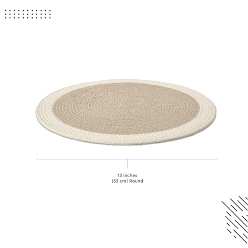 Image of Dining Table Mats Set of 4 | Cotton Table Mat 32 cm Diameter, Encasa XO Washable Round Table Mats, Heat Resistance Dining Table Placemats, Handmade Ribbed Style for Centre Table, Beige & Off White