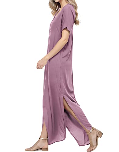 Image of Match Women's V-Neck Casual Loose Short Sleeve Long T-Shirt Dress Split Maxi Dress with Side Pocket