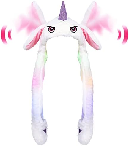 AnyDesign Unicorn Plush Hat with LED Light Short Plush Animal Shape Cap with Moving Ears Soft White Unicorn Pressing Pop Up Hat Jumping Cartoon Hat for Festival Cosplay Holiday Boys Girls Adults