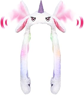 AnyDesign Unicorn Plush Hat with LED Light Short Plush Animal Shape Cap with Moving Ears Soft White Unicorn Pressing Pop Up Hat Jumping Cartoon Hat for Festival Cosplay Holiday Boys Girls Adults