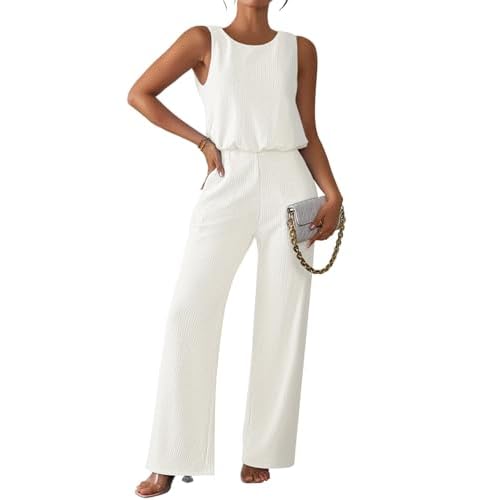 Pink Queen Women Summer Ribbed Jumpsuits Sleeveless Cut Out Back Wide Leg Rompers Outfits White Small