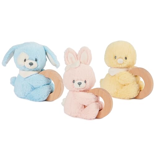 GUND Baby, sonaglio ad anello sostenibile coniglietto, animale di peluche realizzato al 100% con materiali riciclati, sonaglio in legno per neonati e bebè, rosa, 13 cm