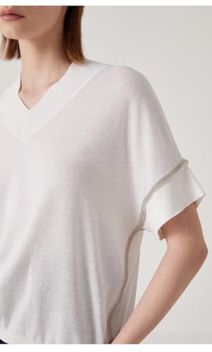 V-Neck Linen Blend Short Sleeve Sweater, Metallic Trim Detail, Relaxed Fit, BY4511177 (US, Alpha, Large, Regular, Regular, White)3