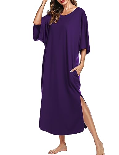 Image of Ekouaer Women's Nightgown Short Sleeve Sleepshirt Long Loungewear Casual Maxi Lounge Dress House Dresses with Pockets