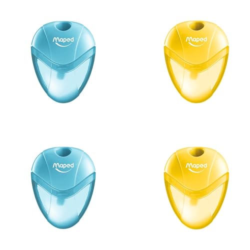 Maped - Set mit 4 Anspitzern von Iglu, 1 Loch mit transparentem Behälter, Schulbedarf für Kinder, ergonomisch und kompakt, 2 blau & 2 gelb