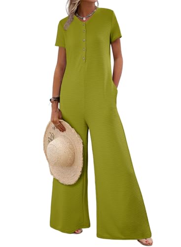 BLENCOT Women's Casual Loose Button Overalls Jumpsuits One Piece Short Sleeve Wide Leg Long Pant Rompers With Pockets Green L
