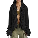 CNPOLOOK Women's Trendy Y2K Vintage Open Front Long Sleeve Cardigan Crochet Fringe Trim Knit Casual Cozy Outerwear Sweater (Medium,Black)