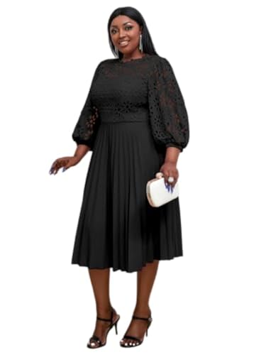 AOMEI Women's Elegant Lace Patchwork A-line Midi Pleated Hollow Out Lantern Sleeve Dress (Black,X-Large)